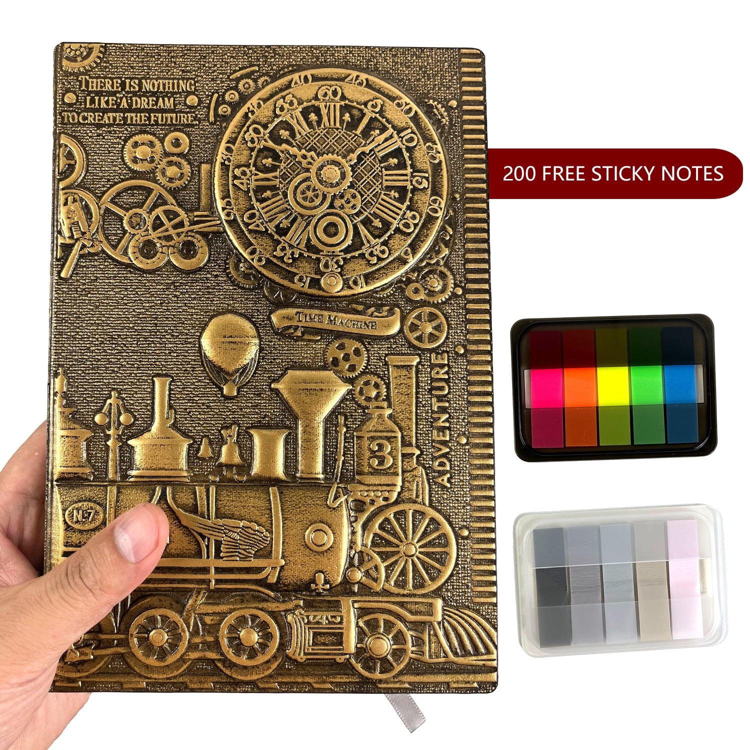 Leather Writing Journal Vintage Notebook, Embossed Train Daily Notepad Diary, Cool Magazine Gift for Women Men Writing, 200 Pages 8.3 x 5.8 inch A5 Bronze Train