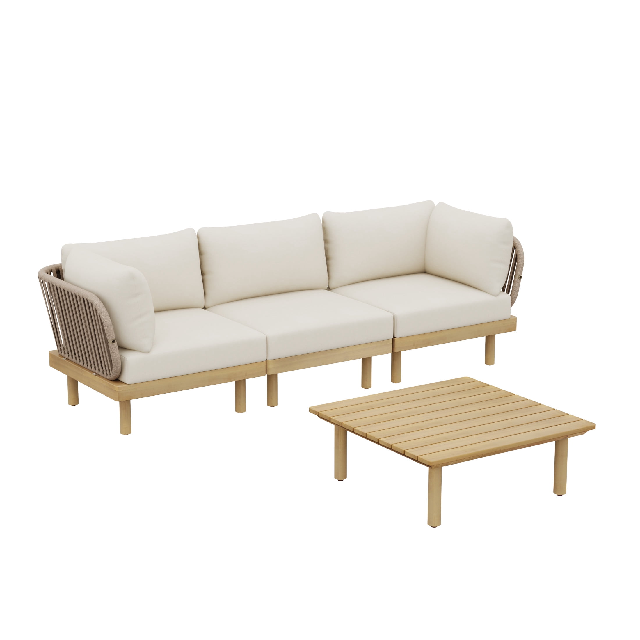 Christopher Knight Home 4-Piece Outdoor Sofa Set with Rope Back and Cushions, Teak+Beige