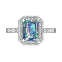 2.78 ct Emerald Cut Blue Moissanite with Simulated Diamond Halo Accents 18K White Gold Womens Engagement Ring