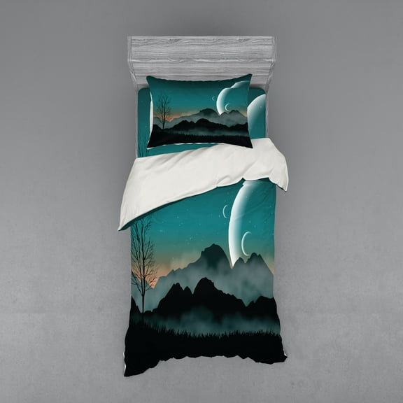 Ambesonne Space Bedding Set 3 Pcs, Night Sky on Mountain, Twin, Teal Black