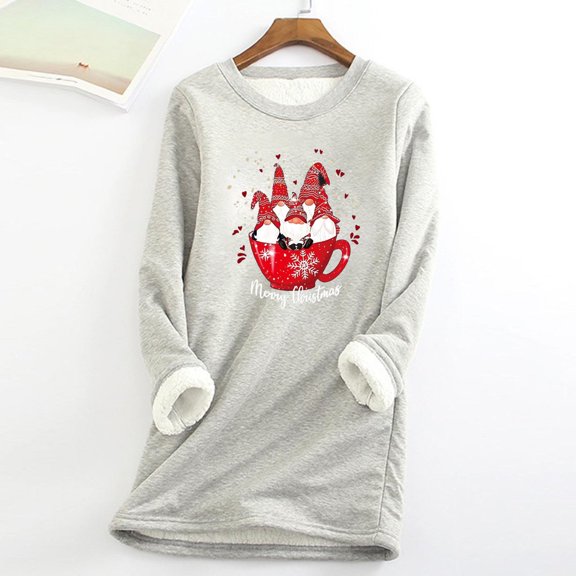 Babysbule Christmas Shirts for Women Women Thick Fleece Sweatshirt Long Sleeve Print Velvet Warm Round Neck Underwear Tops Clearance Tops Fashion