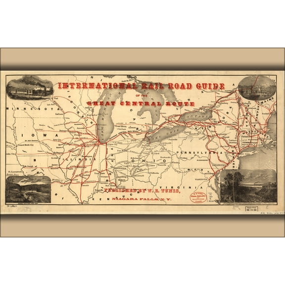 24"x36" Gallery Poster, railroad map of Great Central Route 1855