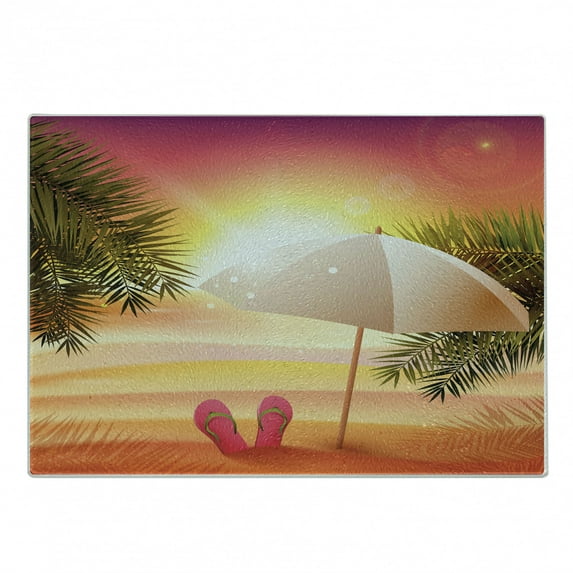 Summer Cutting Board, Sunset at the Beach Flip Flops Umbrella and Palm Trees Illustration, Decorative Tempered Glass Cutting and Serving Board, Small Size, Orange and Yellow, by Ambesonne