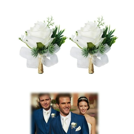 QZS Prom Suit Decoration,Dueable White Rose Corsage Wedding Flowers Ceremony,Boutonniere for Men,Groomsmen and Groom Boutonniere(2Pcs)