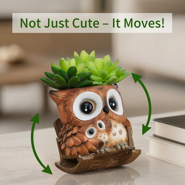 Quoowiit Cute Owl Plant Pots Indoor,Resin Small Succulent Pots with Drainage Hole,Rocking Chair Planters for Outdoor Indoor Plants,Gift Ideas for Mother