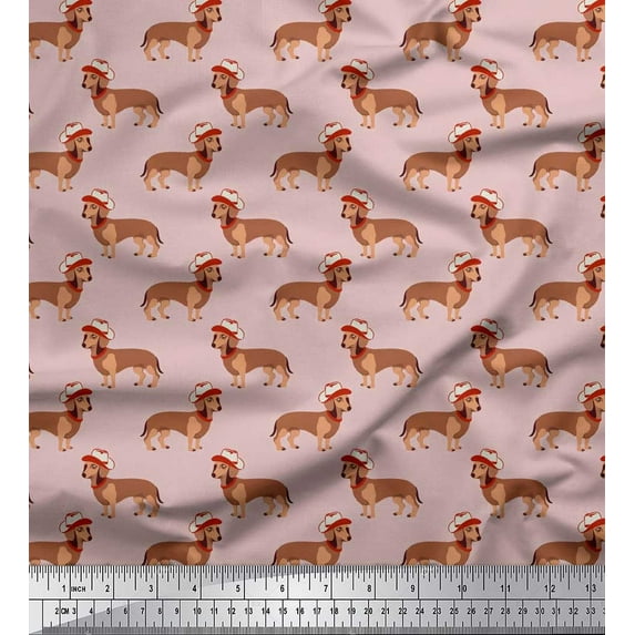 Soimoi Cotton Duck Fabric Hat & Dachshund Dog Print Fabric by Yard 42 Inch Wide
