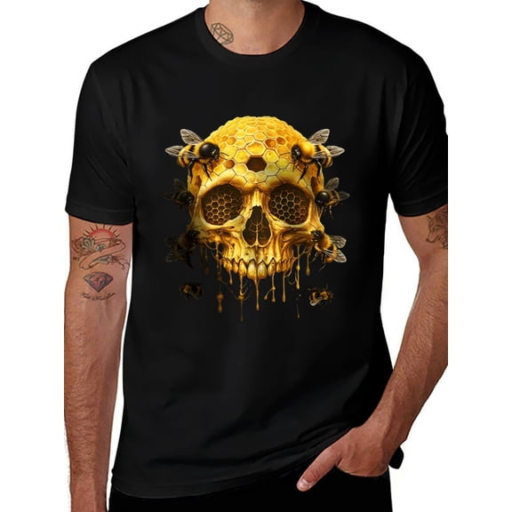 Men's Gothic Honeycomb Bee Skull Graphic T-Shirt