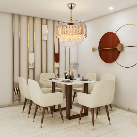 FINE MAKER 42" Rose Gold Fandelier Crystal LED Ceiling Fans with Lights and Remote Modern Retractable Blade Ceiling Lighting Fan Kit