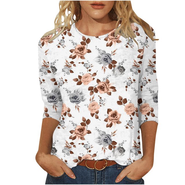 Zkozptok Chandails en Molleton Décontractés pour Femmes Imprimé Floral T-shirt Ample Manches 3/4 Col Rond Hauts Blouses Décontractés, Blanc, L