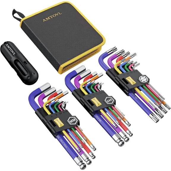 AMTOVL 27PCS Hex Key Set: Metric/SAE/Star, Extra Long Ball Head, T-Handle, for DIY & Mechanics