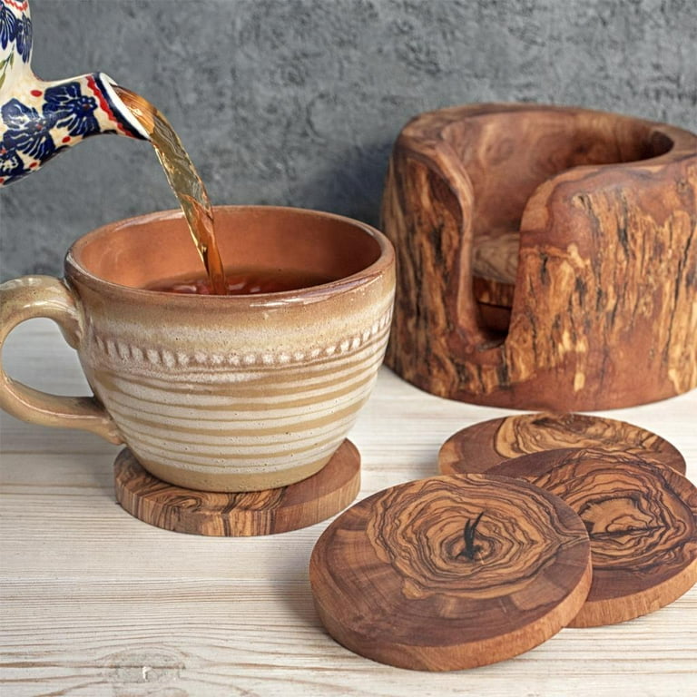 Olive Wood Coasters for Drinks - Set of 6 - Farmhouse Cabin Decor Coasters  with Holder 