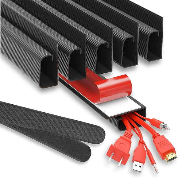 HWZWT 6 Pack Cable Management Under Desk- J Channel Cable Raceway 96in - 6X 16in Black No Screw/No Drill Cord Organizer - Cable Channels for Wire Management Under Desk with Adhesive
