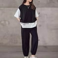 thumbnail image 2 of REORIAFEE Big Girls Summer Outfits Half Sleeve Top and Sporty Pants Patchwork Suits Outfit Solid Color Set Round Neck Cute Summer Spring Clothing 2024 Fashion Trendy Size 140 Black, 2 of 9