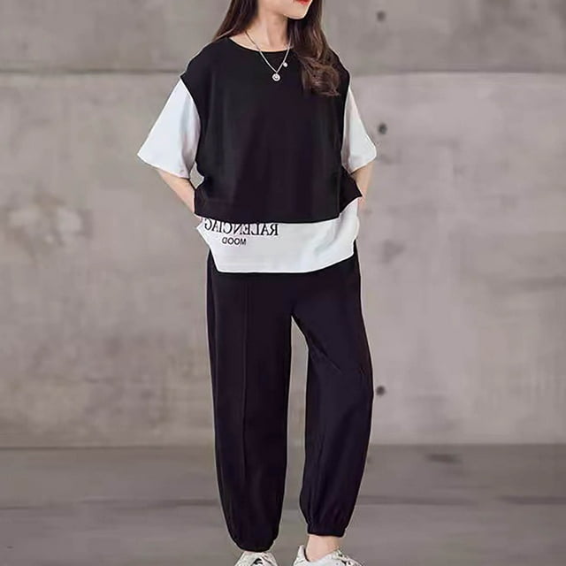 Qertyioot Spring and Summer Cute Solid Girls Short Sleeve Comfy Round-Neck Blouses and Pants New Arrivals