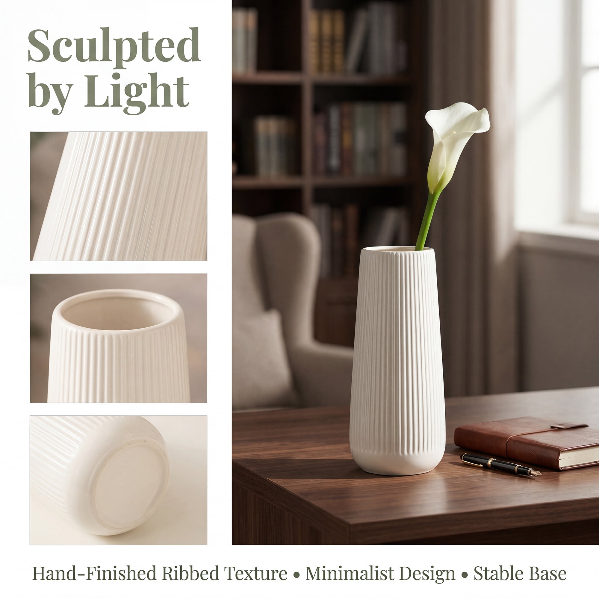 Unique Bargains Ribbed Ceramic Vase for Flowers Bright White 3.5"L x 3.5"W x 7.9"H