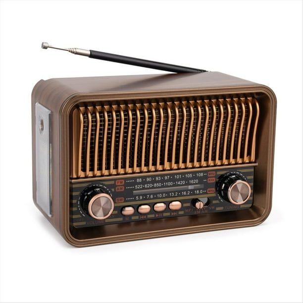 Radio Portátil FM AM SW Radio Vintage Altavoz Inalámbrico Bluetooth con Linterna LED Soporte para Tarjeta TF Disco U AUX