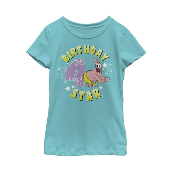 Girl's SpongeBob SquarePants Patrick 4th Birthday  Graphic Tee Tahiti Blue Small