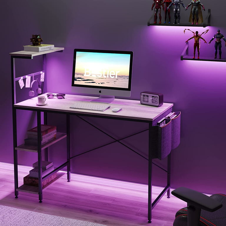 Bestier Gaming Desk with LED Lights, Computer Desk with 4 Tiers Reversible  Shelves, 51.3 Inch Gamer Desk with Side Storage Bag, Hooks and Height