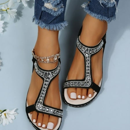 

Aufmer Clearance Sandals for Women Summer Ladies Fashion Rhinestone Flat Shoes Casual Hollow Soft Sole Sandals