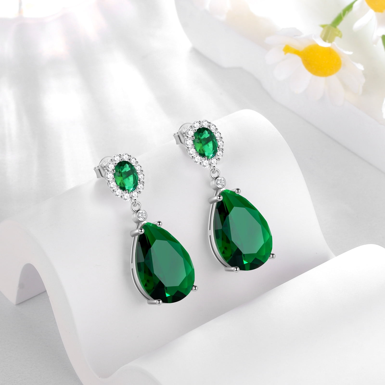 Juwaliy 10Ct Women Teardrop Dangle Earrings May Birthstone Emerald Green 925 Sterling Silver Jewelry Mom Grandma Birthday Mother's Day Gift