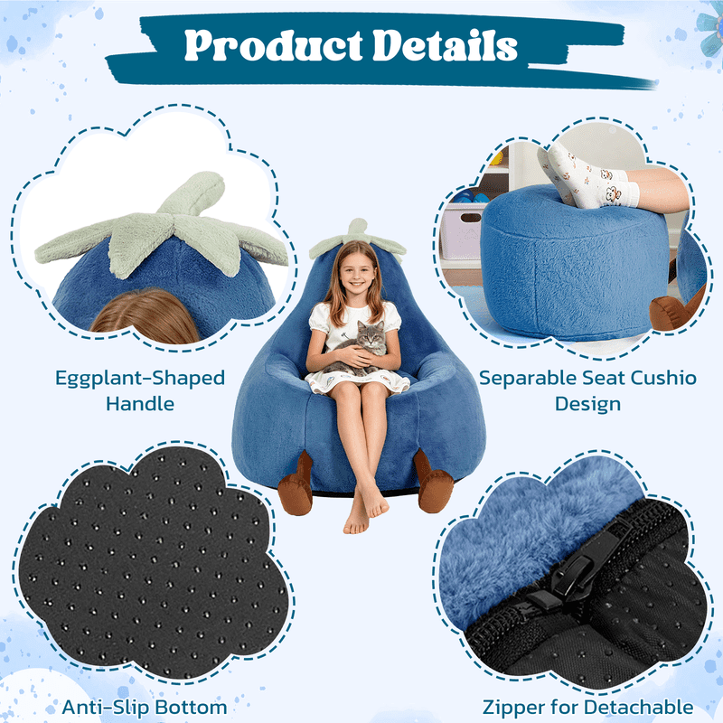 Simple Deluxe 2 ft Kids Bean Bag Chair, Faux Rabbit Fur Round Sofa with Handle and Washable Cover, Dark Blue