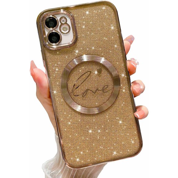 Compatible with iPhone 11 Magnetic Glitter Case-6.1 Inch, Luxury Love Heart Pattern Plating Clear Case, Compatible with MagSafe for Women Girls Shockproof Back Cover-Gold