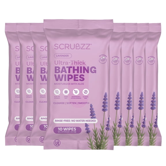 Extra Large Bath Wipes for Adults Bathing No Rinse - 80 Disposable Body Cleansing Wipes for Men, Women & Elderly - Great for Gym, Camping, Post Surgery - Shower Wipes - Lavender