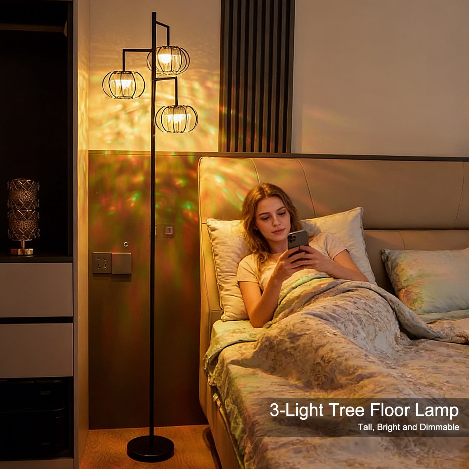 Modern 3-Light Crystal Floor Lamp with RGB Rechargeable Bulbs, Remote Control, Dimmable Ambient Standing Lamp for Living Room Bedroom Decor