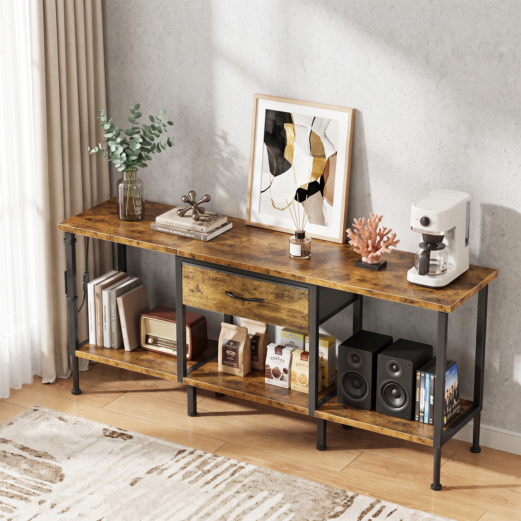 HIGDBFE 47" TV Stand with LED Lights & Fabric Drawers, Brown photo 2