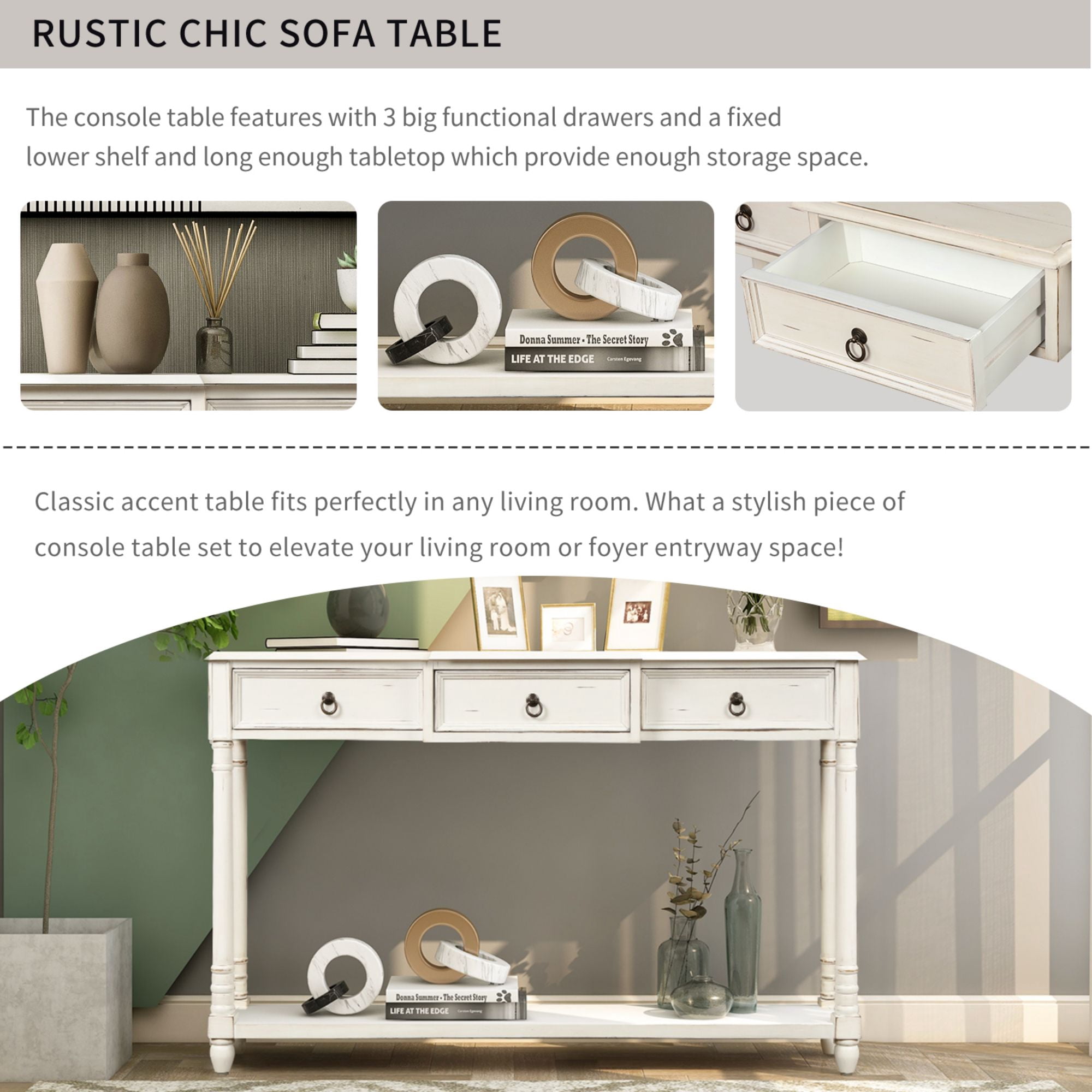Aukfa Console Table with 3 Drawers for Entryway Hallway Living Room - White