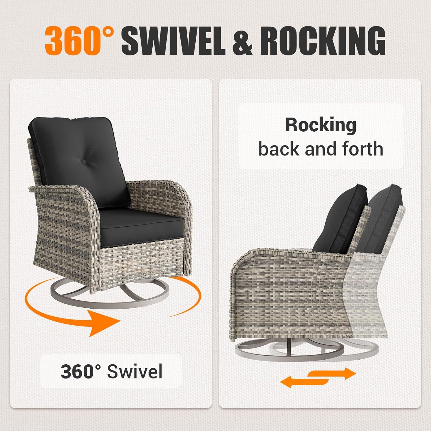 14-Piece Outdoor Patio Furniture Set with Rocking Swivel Chair, Wicker Rattan Sectional Sofa Conversation Set with 55,000 BTU Fire Pit Table, Backyard Furniture,Dark Grey