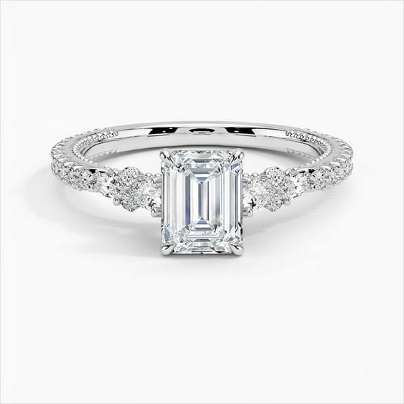 Golden Jewelry Emerald Cut 1.7 Ct Moissanite Engagement Ring - Stamped 14K White Gold Plated Ring for Women's - Milgrain Ring for Women's - Solitaire with Accents Ring - Wedding Anniversary Gift