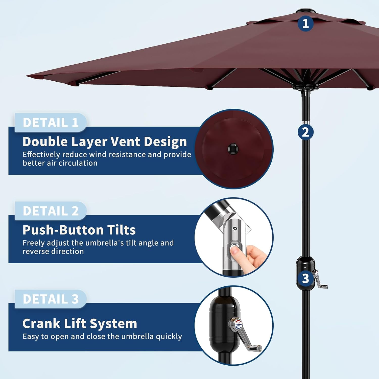 Garvee Outdoor Octagon Patio Umbrella, 8.69 x 8.69 x 7.87 ft, 8 Sturdy Ribs, Dark Red