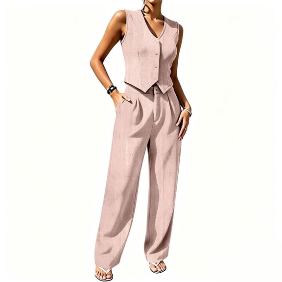 HBDesign Women Summer Seersucker 2 Piece Set V-Neck Vest Wide Leg Pants Slim Fit Outfit