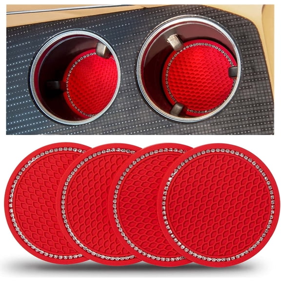 Car Cup Holder Coaster - 4 PCS Automotive Drink Cup Holders Coasters Non-Slip Auto Interior Car Accessories for Women Bling Crystal Rhinestone 2.75 inch Red