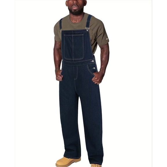 Lovzfmll Men's Denim Overalls, Chest Pocket Washed Bib Overalls, Casual Loose Fit Straight Leg Full Length Pants