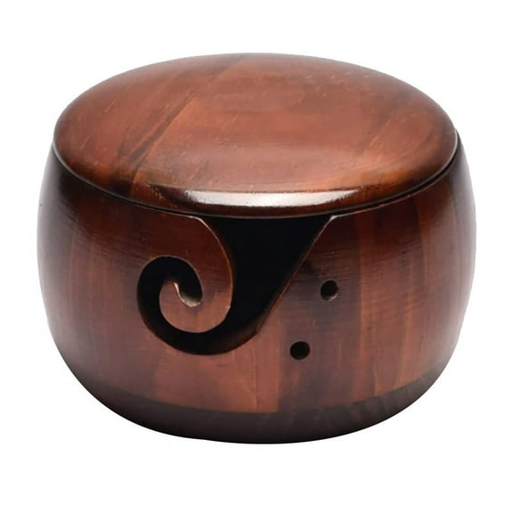 Wooden Yarn Bowl,Yarn Bowls with Lid for Knitting Crochet Yarn Ball Holder Handmade Yarn Storage Bowl,Dark Wood