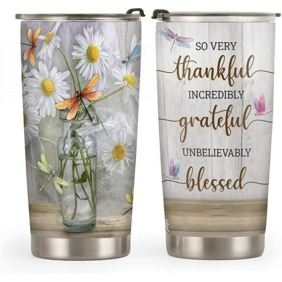 20oz Thankful Grateful Blessed Daisy Flower Dragonfly Inspiration Tumbler Cup with Lid, Double Wall Vacuum Thermos Insulated Travel Coffee Mug