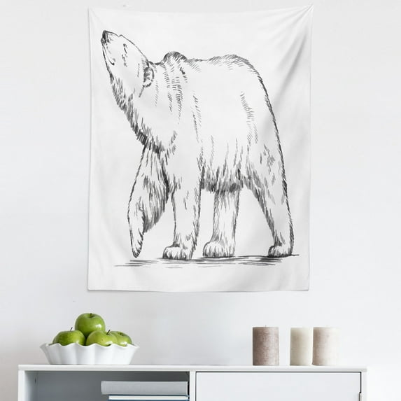 Polar Bear Tapestry, Sketch Style Nordic Grizzly Bear Wilderness Themed Animal Pattern, Fabric Wall Hanging Decor for Bedroom Living Room Dorm, 5 Sizes, Charcoal Grey and White, by Ambesonne