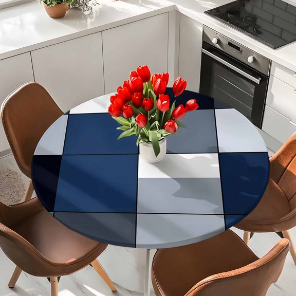 Navy Blue Black Elastic Fitted Round Tablecloth Ocean Waterproof Outdoor Table Cover for Holiday Party, Picnic, Patio & Dining Fits Tables Up to 36"-44"