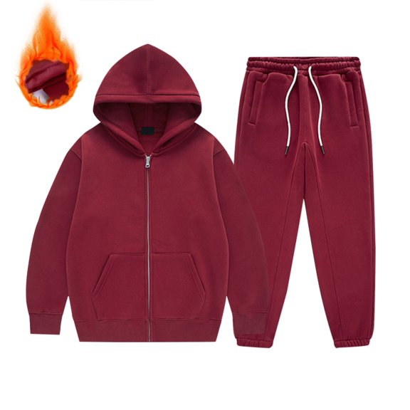 GiLiling Girls Boys Fleece Lined 2 Piece Sweatsuit Zip Up Hoodie and Jogger Sweatpants Casual Winter Wear (Wine, 7-8 Years)