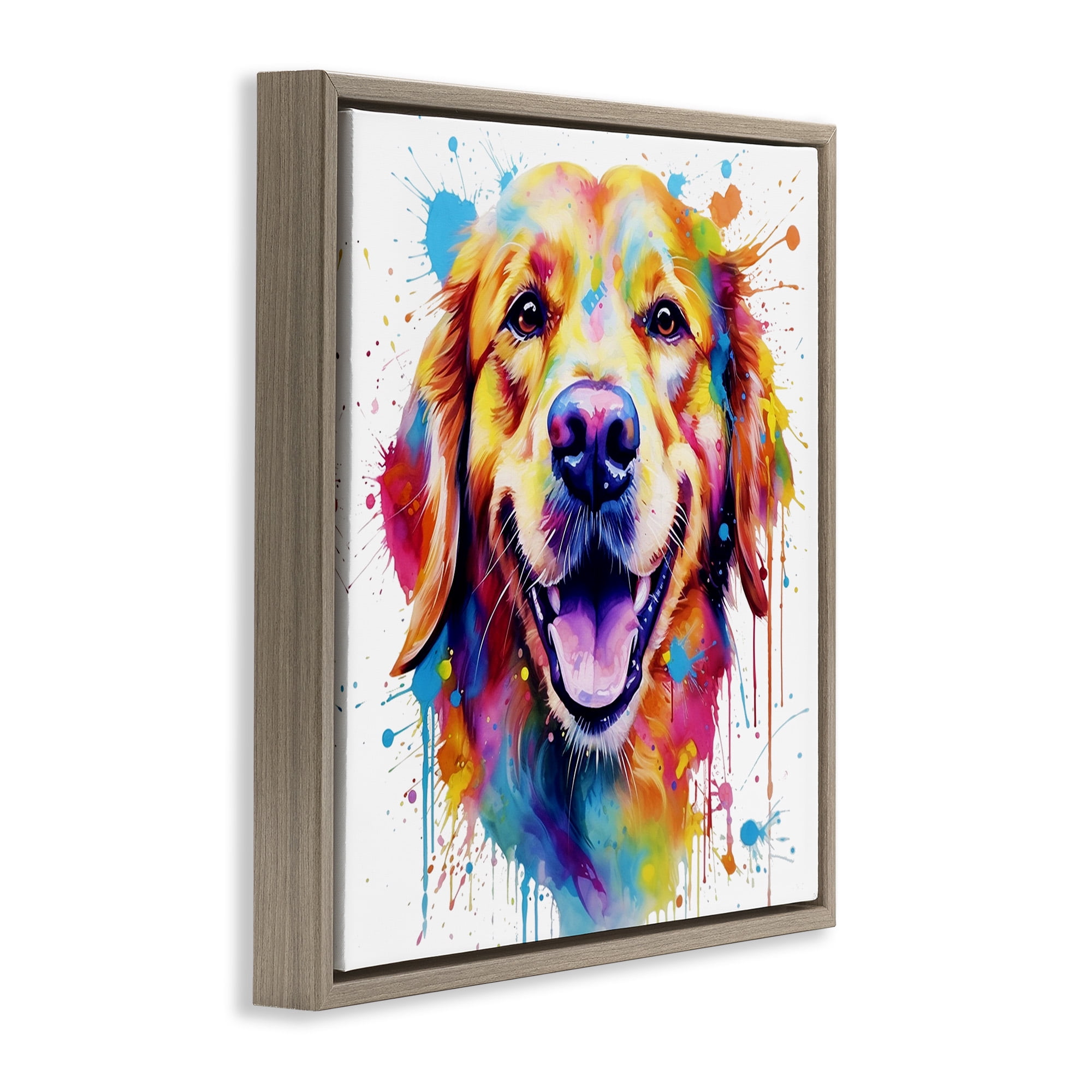 Stupell Industries Happy Dog Paint Drip Animals & Insects Painting Brown Floater Framed Canvas Art Print Wall Art, 18 x 18
