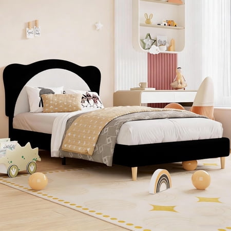 Twin Velvet Upholstered Bed Frame with Cute Panda Headboard Solid Wood Slats Platform Bed No Box Spring Needed Modern Bedroom Furniture Black+White