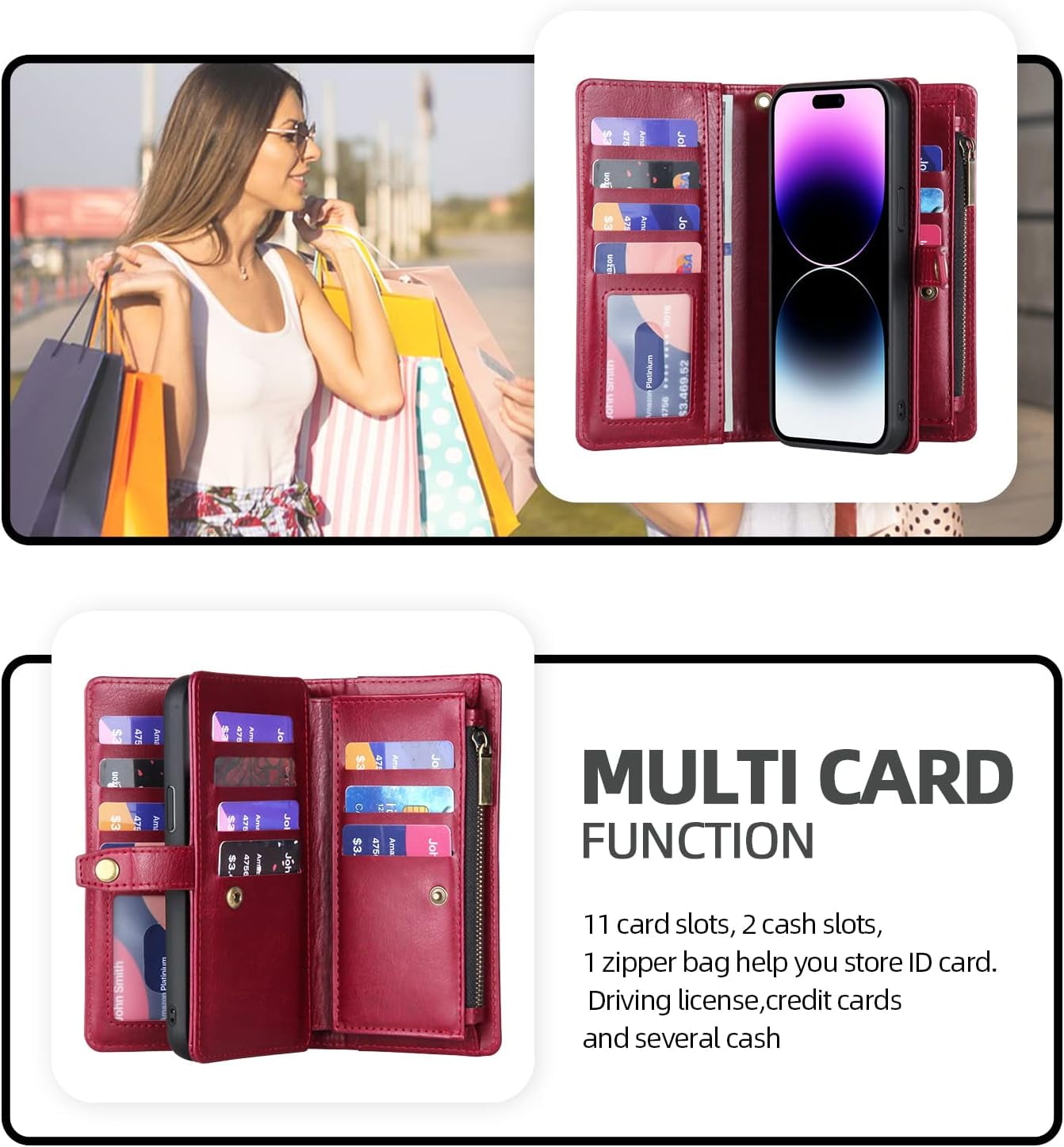 Phone Case Wallet Case Compatible for iPhone 15,iPhone 15 Multifunctional 2 in 1 Magnetic Case Wallet,Durable PU Leather Flip Lanyard Strap Wristlet Zipper Card Holder  for iPhone 15