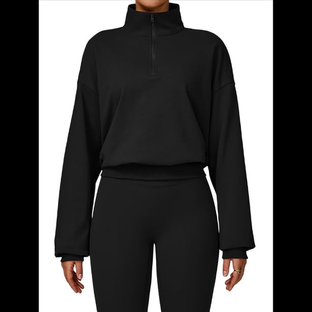 Sudadera con Media Cremallera para Mujer, para Otoño e Invierno, Informal, Holgada, Resistente Al Viento y Cálida, Ropa Deportiva de Fitness. Negro L