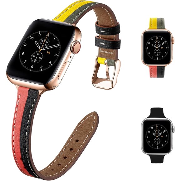 KOMI 2 Pack Slim Leather Watch Bands Compatible with Apple Watch Band 38mm 40mm 41mm 42mm 44mm 45mm 49mm,Top Grain Leather Band Slim&Thin Replacement Wristband for Iwatch Ultra Series