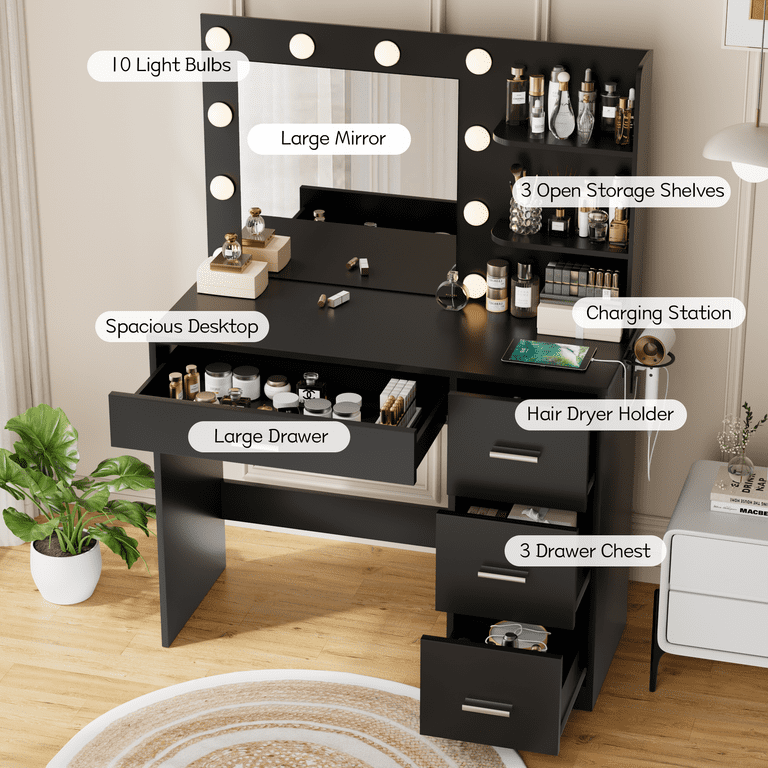 Vineego Makeup Vanity with LED Lights, Vanity Set with Charging Station & Ample Storage, Vanity Desk for Bedroom & Dressing Room, Black