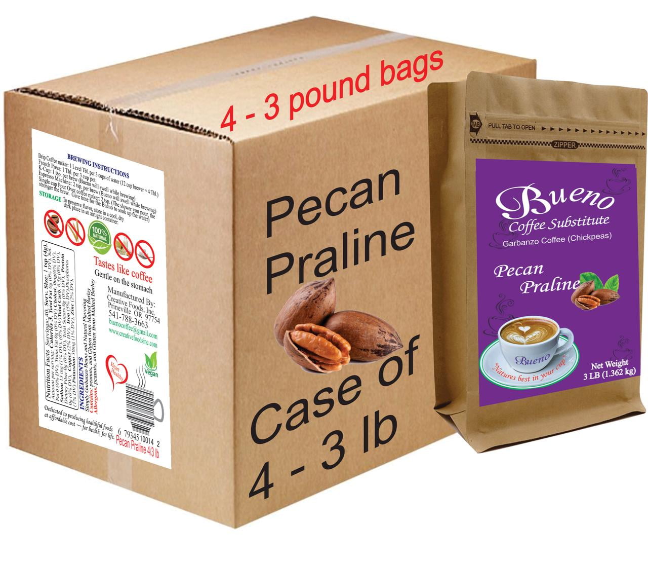 Bueno Coffee Substitute Pecan Praline case of 4/3 pound bags, FREE