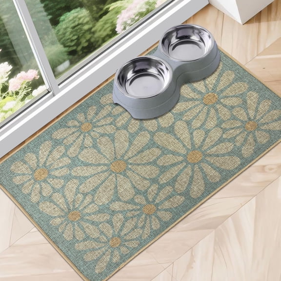 Dog Food Mats for Floors Waterproof, Absorbent Quick Dry Pet Cat Food Mat, Water Bowl Mats Pet Feeding, Eco-Friendly Accessories Pet Supplies (16"x24",Sky Blue Flower)