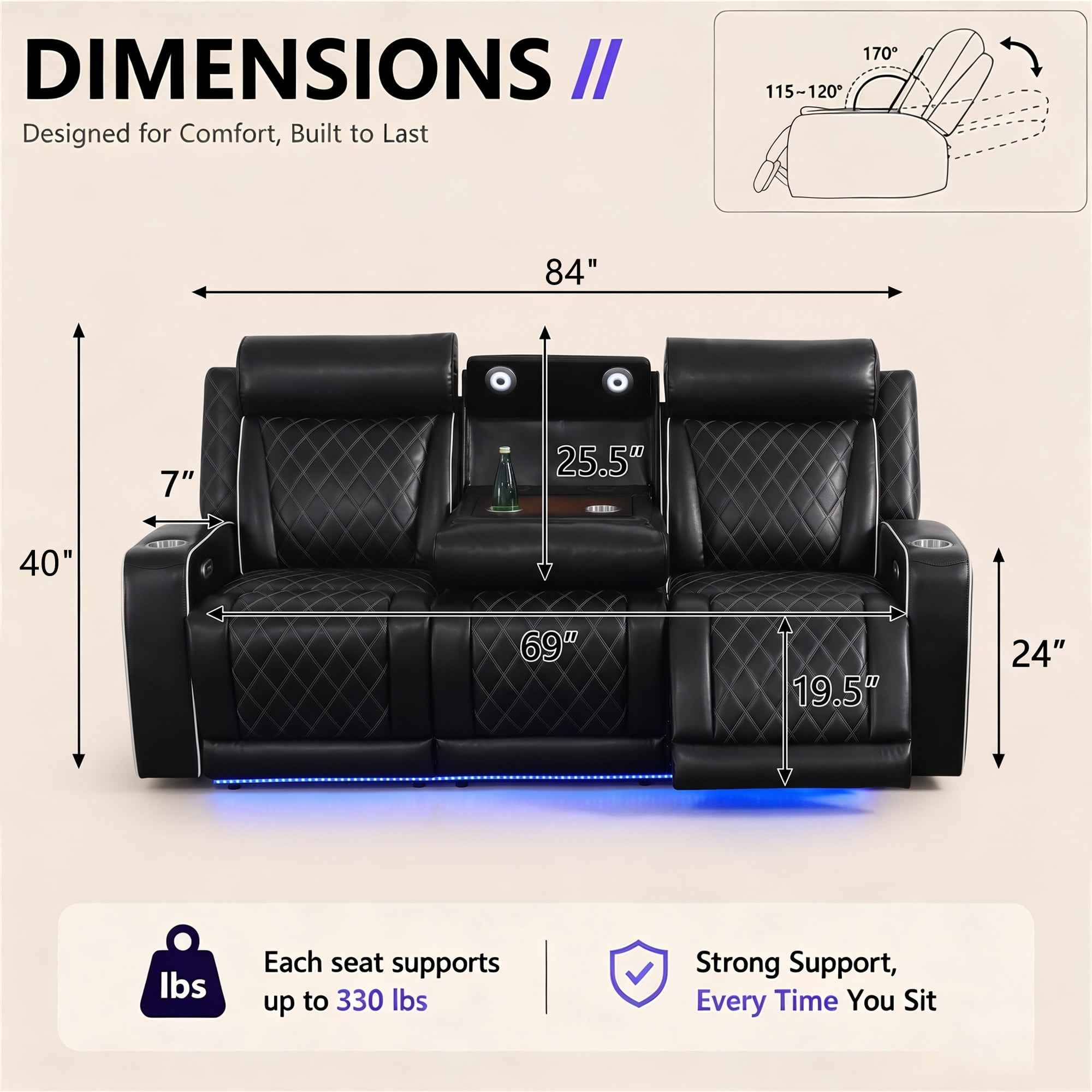 Aukfa Power Recliner 3 Seat RV Sofa with USB & Wireless Charging, Cup Holders Console & LED Lighting, Home Theater Seating for Living Room, PU Leather, Black